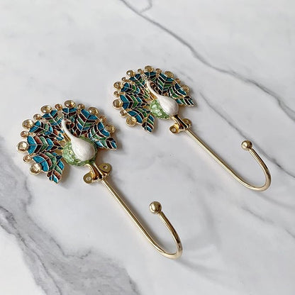 Vintage Peacock Decorative Wall Hooks Rack Hangers for Hanging Clothes Coats Towels Keys Hats, 2 Pack Antique Metal Mounted Wall Hook