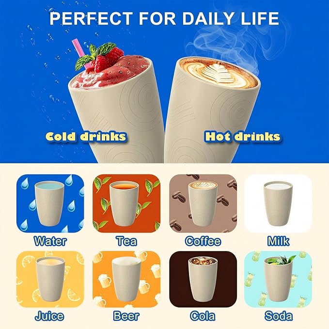 Unbreakable Wheat Straw Cups Set of 6, 12 OZ Reusable Plastic Cup Alternative, Dishwasher Safe Drinking Cups for Kitchen, Camping, Kids, Beige