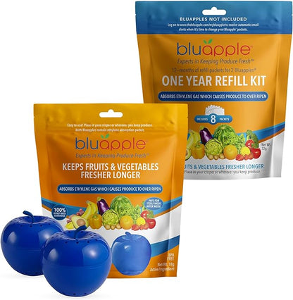 Bluapple Produce Saver Ethylene Gas Absorber - Fresh Fruit & Vegetable Storage for Refrigerator, Kitchen Must Haves, Produce Keeper, Fruit Saver, Each Packet Lasts 3 Months, BPA Free - 15-Month Bundle