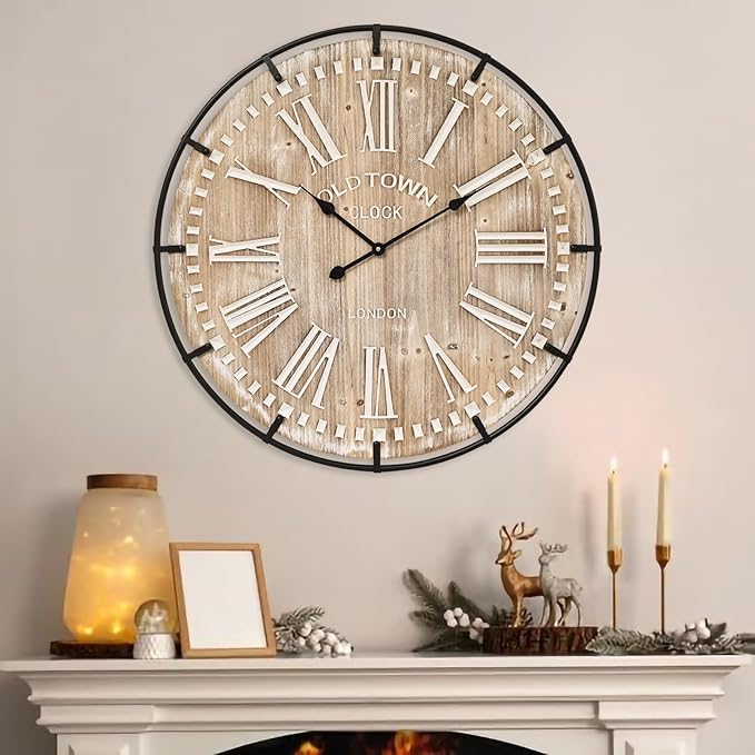 MICWIC Farmhouse Wall Clock 30 Inch - Rustic Wood Metal Decor, Silent Sweep, Battery Operated for Living Room Kitchen Office, Brown
