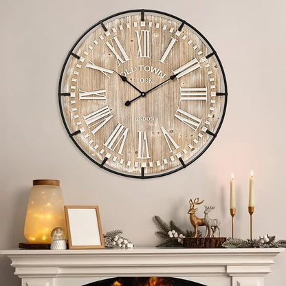 MICWIC Farmhouse Wall Clock 30 Inch - Rustic Wood Metal Decor, Silent Sweep, Battery Operated for Living Room Kitchen Office, Brown