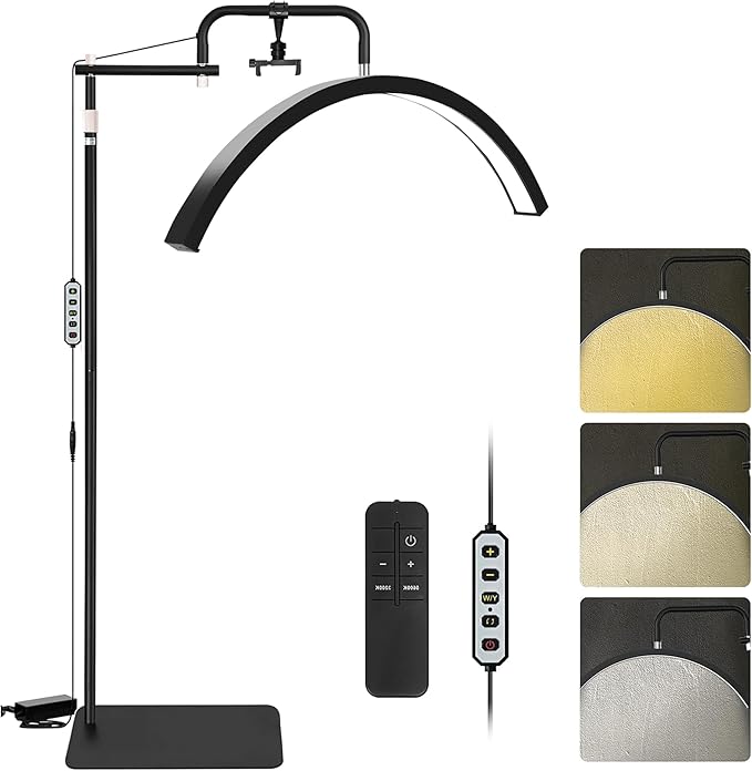 Lash Lamp - Esthetician Light for Eyelash Tech,Tattoo Artists, Nail Tech, Led Half Moon Light for Lashes Extensions, Warm/Cool Floor Piano Lamp with Phone Holder, Adjustable Brightness & Height