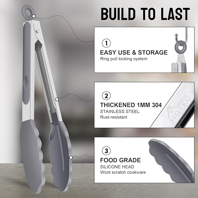HOTEC Premium Stainless Steel Locking Kitchen Tongs with Silicon Tips, Set of 3-7", 9" and 12" (Grey)