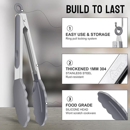 HOTEC Premium Stainless Steel Locking Kitchen Tongs with Silicon Tips, Set of 3-7", 9" and 12" (Grey)