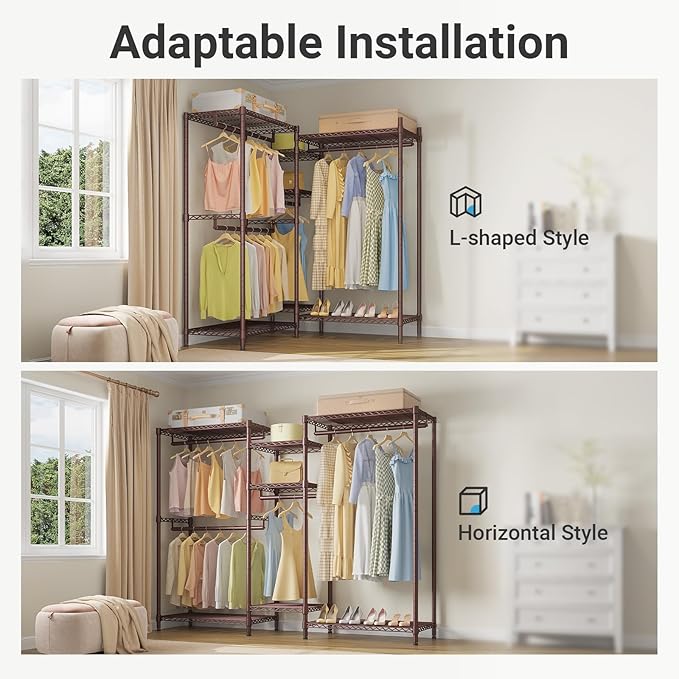 VIPEK L6 L Shaped Clothes Rack for Corner, Heavy Duty Clothing Rack 5-Tier Wire Garment Rack Freestanding Closet with 7 Adjustable Shelves & 4 Hanging Rods, Max Load 850LBS, Bronze
