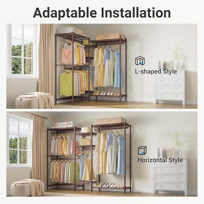 VIPEK L6 L Shaped Clothes Rack for Corner, Heavy Duty Clothing Rack 5-Tier Wire Garment Rack Freestanding Closet with 7 Adjustable Shelves & 4 Hanging Rods, Max Load 850LBS, Bronze