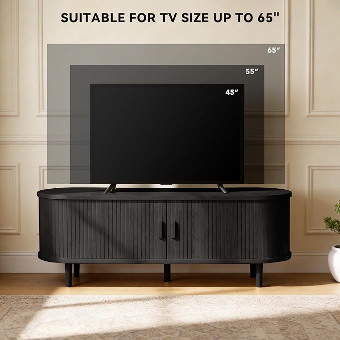 58" Mid Century Modern TV Stand with Power Outlet, Fluted Entertainment Center with Storage and Adjustable Shelves, Wood TV Console with Sliding Doors for Living Room, Black