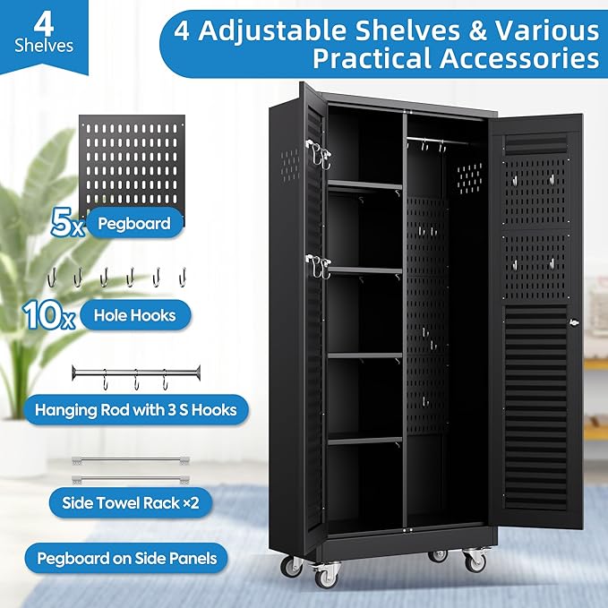 Metal Broom Closet Storage Cabinet with Hanging Rod, Garage Storage Cabinet with Wheels and 4 Shelves, Pegboard and 13 Hooks for Garage Home, Black, Assembly Required