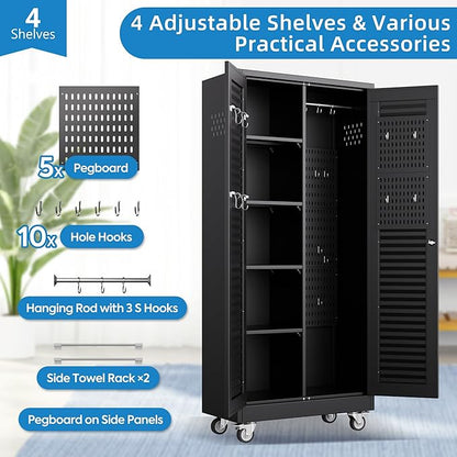 Metal Broom Closet Storage Cabinet with Hanging Rod, Garage Storage Cabinet with Wheels and 4 Shelves, Pegboard and 13 Hooks for Garage Home, Black, Assembly Required