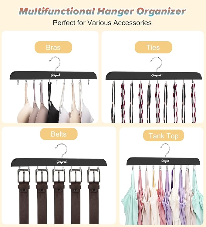 Gomyrod Bra Hanger for Closet, 2 Pack Tank Top Hangers w/20 Hooks Holds 40 Bras, Capacity Foldable Wood Space Saving Hanger, 360°Rotating Closet Organizers and Storage for Dorm & Apartment（Black）