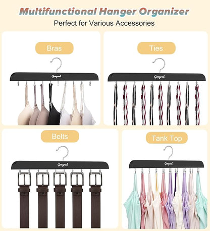 Gomyrod Bra Hanger for Closet, 2 Pack Tank Top Hangers w/20 Hooks Holds 40 Bras, Capacity Foldable Wood Space Saving Hanger, 360°Rotating Closet Organizers and Storage for Dorm & Apartment（Black）