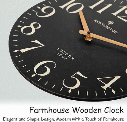 NIKKY HOME Farmhouse Black Wall Clock - 12 Inch Quartz Battery Operated Vintage Wooden Decorative Silent Analog Clock for Kitchen, Living Room, Bedroom, Office
