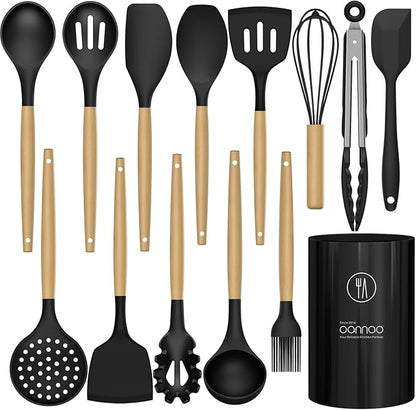 oannao Silicone Cooking Utensils Set Utensil Sets - 446°F Heat Resistant Silicone Kitchen Utensils Set Wooden Handles, Silicone Utensils for Cooking w Holder for Non-Stick Cookware BPA FREE (Black)