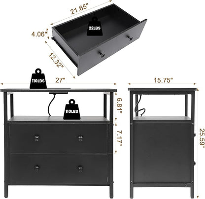 27 inch Wide Night Stand with Charging Station, Bedside Table with Open Shelf, 2 Drawers Small Wood Dresser, Modern Wood Nightstand for Bedroom/Living Room (Black)