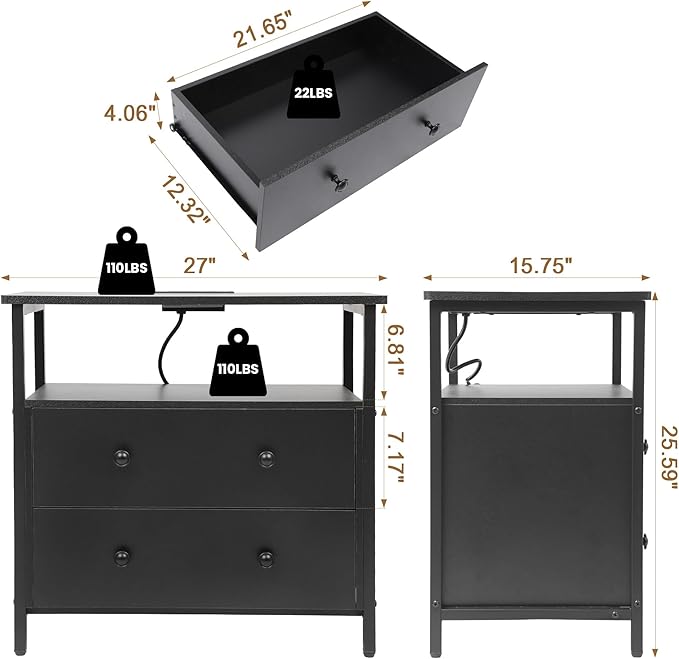27 inch Wide Night Stand Set 2 with Charging Station, Bedside Table with Open Shelf, 2 Drawers Small Wood Dresser, Modern Wood Nightstand for Bedroom/Living Room (Black)