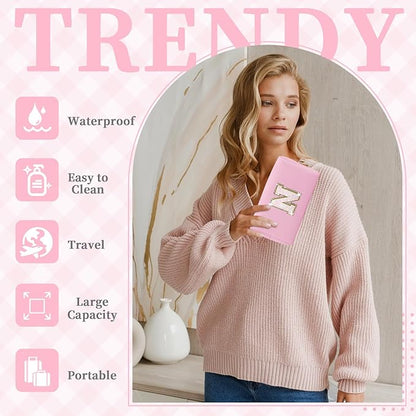 Small Personalized Initial A-Z Patch Makeup Bag,Pink Cute PU Leather Glitter Letter Cosmetic Bag for Teen Girls,Travel Toiletry Bag with Zipper,Preppy Monogrammed Birthday Gift for Daughter Niece N
