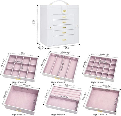 AKOZLIN Extra Large 6-Tier Jewelry Box Organizer with Mirror, 5 Drawers Leather Jewelry Storage Case for Women Girls Ring Necklace Earring Bracelet White