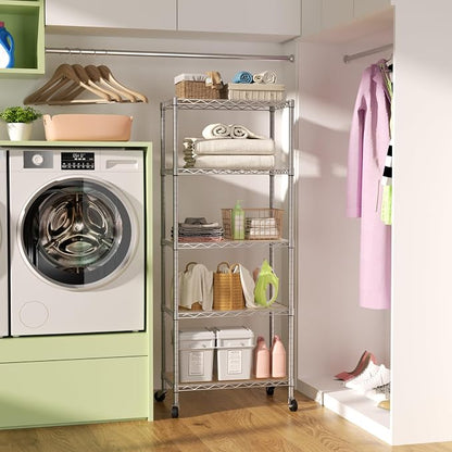 SINGAYE 5 Shelf Storage Wire Shelves Closet Bathroom Organizers Metal Pantry Kitchen Garage Shelving Unit Laundry Room Organization Home Narrow Rack Net Basket with Wheels Silver