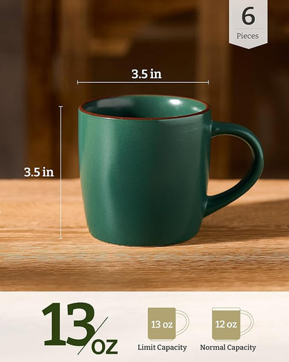 famiware Mercury Coffee Mugs 13 oz, Coffee Mugs Set of 6 with Handle, Cups for Latte, Hot Tea, Cappuccino, Mocha, Cocoa, Dark Green