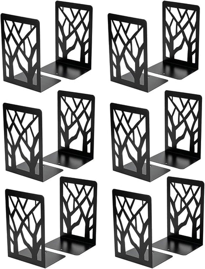 MaxGear Book Ends Tree Design Modern Bookends for Shelves, Non-Skid Bookend, Heavy Duty Metal Book Stopper for Books/CDs, Decorative Book Shelf Home, 7 x 4.7 x 3.5”, Black (6 Pair/12 Pieces, Large)
