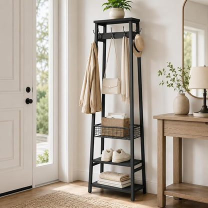 Coat Rack Freestanding, Coat Stand with Metal Basket and Storage Shelves, Hall Tree Free Standing with and 7 Hooks, Clothes Rack Stand Organizer, Black