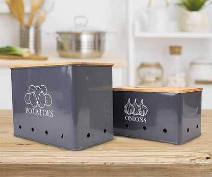 Potato and Onion Storage Bin Set of 2, Vented Metal Vegetable Storage with Wooden Lids, Farmhouse Kitchen Canisters for Countertop Pantry Organizer, Potato Bin Onion Holder for Produce Storage, Grey