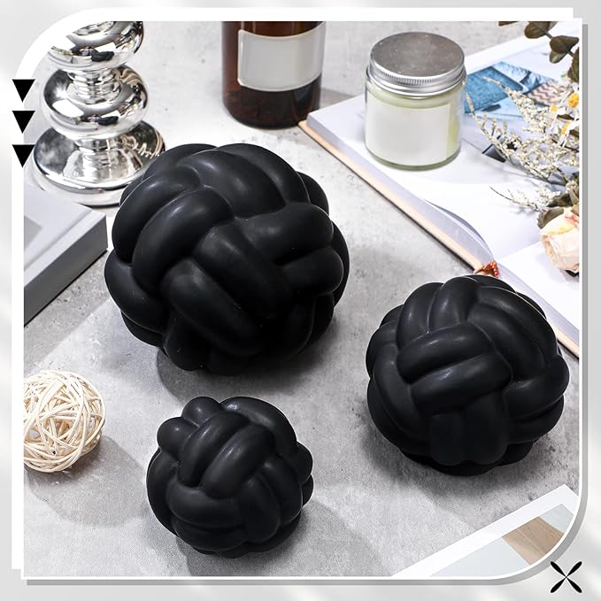 Wenqik 3 Pcs Knot Decor, Link Coffee Table Bookshelf Decor Accents, Ceramic Decorative Objects, Modern Home Minimalist Book Shelf Aesthetic Decoration, 3 Sizes (Matte Black)