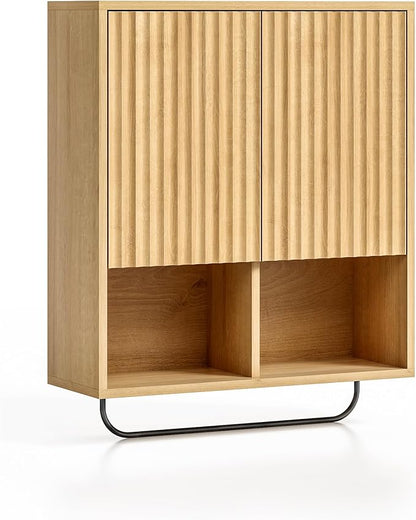 Fluted Wall Cabinet, Modern Medicine Cabinet Bathroom with Doors and Adjustable Shelf Towel Rack Wood Storage Cabinet for Kitchen Dining Room Living Room, Natural Oak