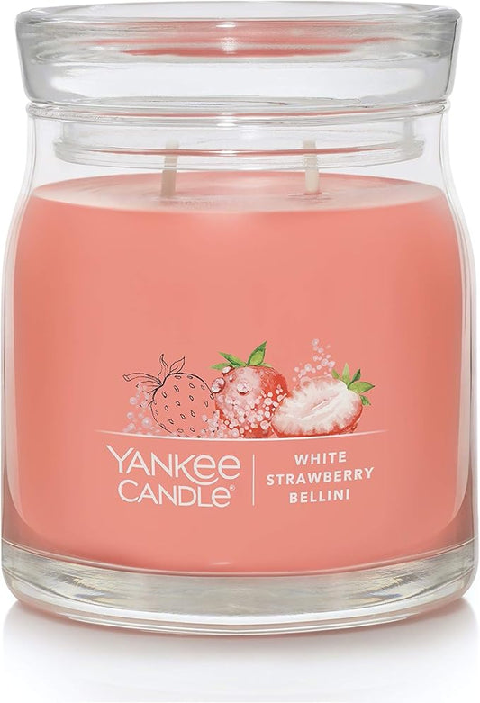 Yankee Candle White Strawberry Bellini Scented, Signature 13oz Medium Jar 2-Wick Candle, Over 35 Hours of Burn Time