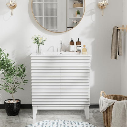 ROOMTEC 30" Bathroom Vanity with Sink, Mid-Century Freestanding Bathroom Vanity Sink with Storage, Undermount Ceramic Sink, Particleboard Frame with Wood Grain Laminate, White