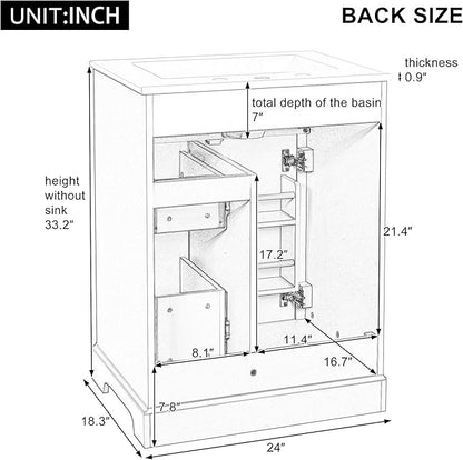 24'' Bathroom Vanity with Sink, MDF & Pinewood Construction, 3 Drawers & Cabinet with 2-Tier Door Storage Rack, Soft-Close Door & Drawers, Modern Design for Small to Medium Bathrooms, Green