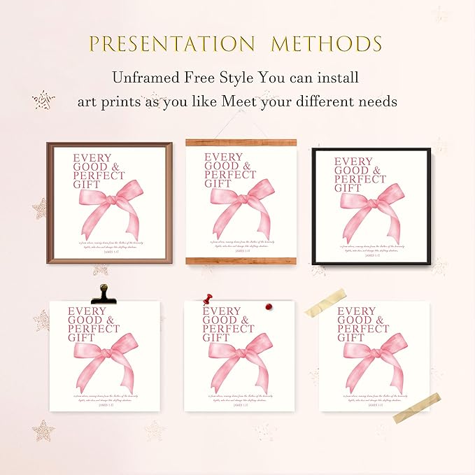 LARTSFRO Coquette Pink Bow Wall Art Decor Posters, Pink Bow Christian Room Bathroom Bedroom Dorm Wall Art Decor Aesthetic for College Teen Girls Gifts, Inspirational Bible Verses Bow Wall Decor, 8x8 Inch Set of 4 Pcs Bow Pictures (UNFRAMED)