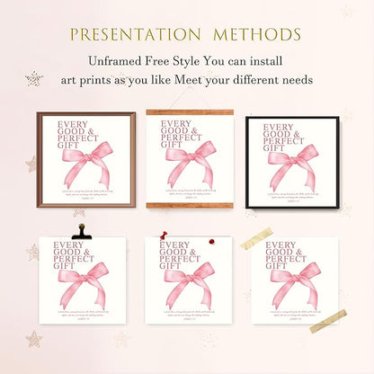LARTSFRO Coquette Pink Bow Wall Art Decor Posters, Pink Bow Christian Room Bathroom Bedroom Dorm Wall Art Decor Aesthetic for College Teen Girls Gifts, Inspirational Bible Verses Bow Wall Decor, 8x8 Inch Set of 4 Pcs Bow Pictures (UNFRAMED)