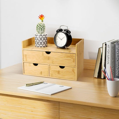 Charmewooden Bamboo Desk Organizer With Drawers Countertop Drawers Counter Storage Box Corner Desk Organizer for Home Office No Assembly Required (3 Drawers with shelf)