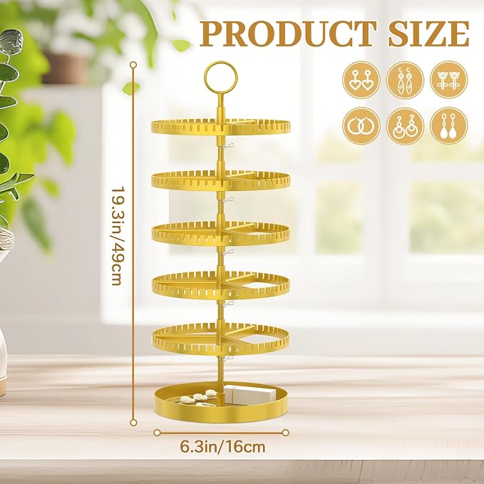 MODOWEY 5 Tier Rotating Earring Holder Organizer Display Tree with Metal Tray, Adjustable Plastic Stand with 285 Slots for Stud Hoop Hanger, Large Capacity Storage Rack for Women Space Saving, Gold