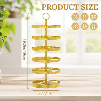 MODOWEY 5 Tier Rotating Earring Holder Organizer Display Tree with Metal Tray, Adjustable Plastic Stand with 285 Slots for Stud Hoop Hanger, Large Capacity Storage Rack for Women Space Saving, Gold