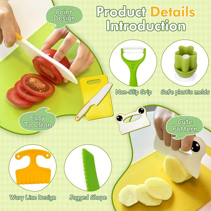 Chanking 13 Pieces Kids Safe Knife Set for Real Cooking Child-Friendly Plastic Chef Tools Montessori Kitchen Toys for Toddlers Birthday Gifts for Boys and Girls Ages 4+ (B)