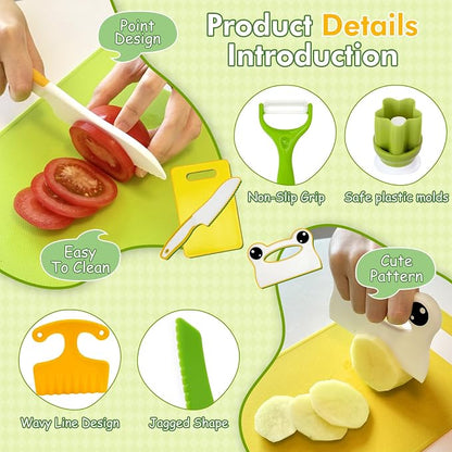 Chanking 13 Pieces Kids Safe Knife Set for Real Cooking Child-Friendly Plastic Chef Tools Montessori Kitchen Toys for Toddlers Birthday Gifts for Boys and Girls Ages 4+ (B)