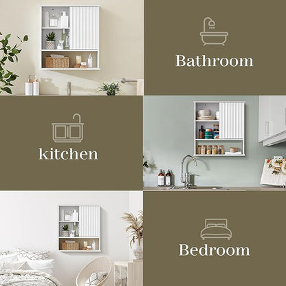 22.5 x 23.5 inch Bathroom Wall Cabinet, Medicine Cabinet Wall Mounted w/Fluted Sliding Door Adjustable Shelf White Storage Cabinet Organizer for Kitchen Dining Room Living Room