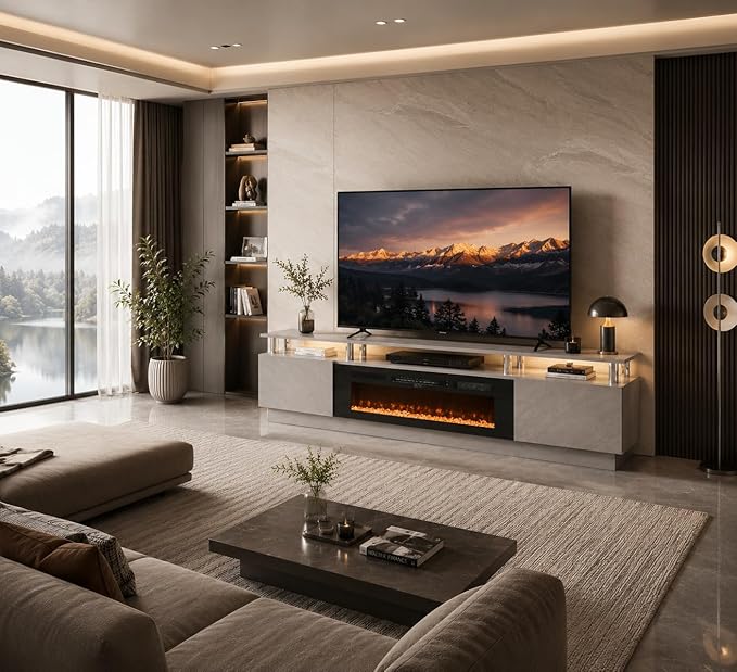 80" TV Stand & Entertainment Center, Media Console with Storage Cabinet, Fits TVs up to 90", Modern Living Room Furniture, 36" Electric Fireplace (Grey+Black)