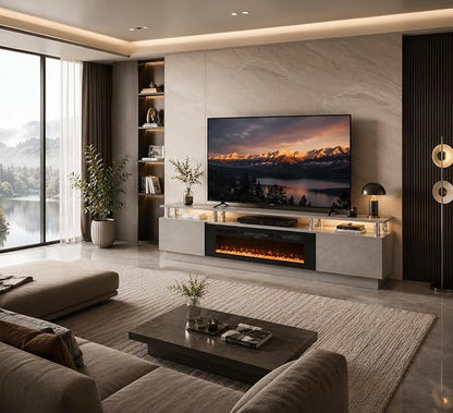 80" TV Stand & Entertainment Center, Media Console with Storage Cabinet, Fits TVs up to 90", Modern Living Room Furniture, 36" Electric Fireplace (Grey+Black)