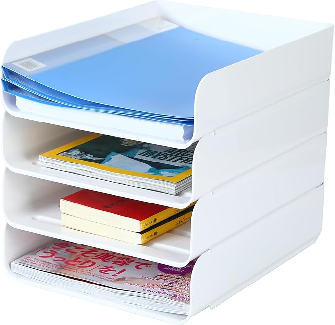 (4pcs Pack) HKeeper Stackable Paper Trays,Letter Tray Organizer,Office Desktop Organizer,A4 Paper Holder,Supplies Magazine,File Documents,Receipts（White,Regular）