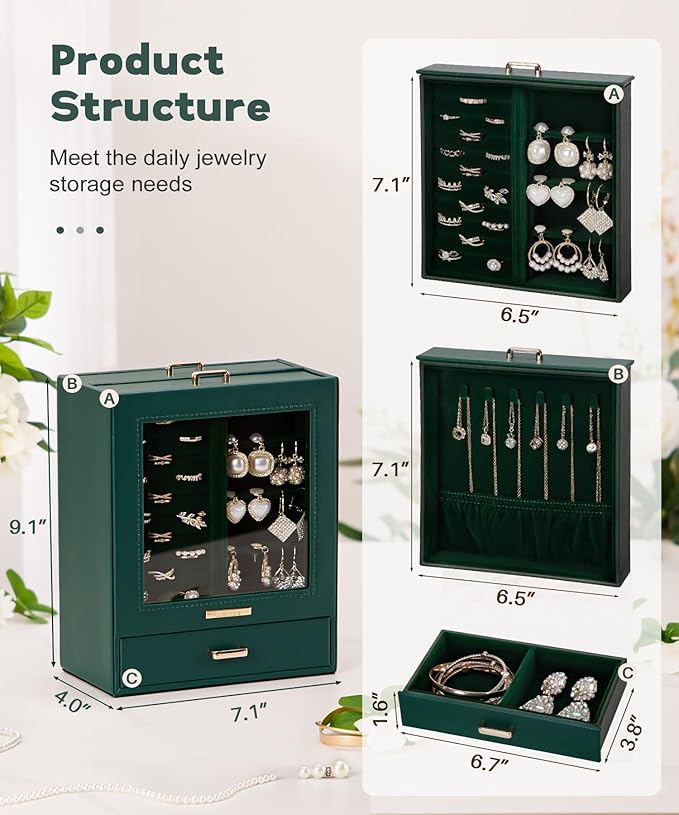 Homde Jewelry Organizer Girls Women Jewelry Box for Necklaces Rings Earrings Gift Bracelets Storage Case (Forest Green + Gold)