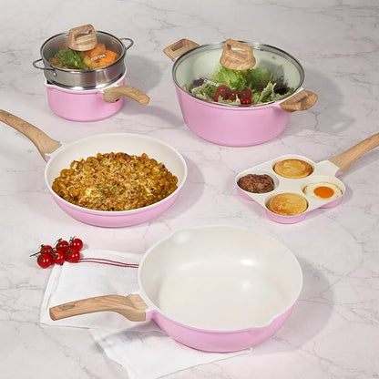 CAROTE 21 PCS Ceramic Cookware Set, Pots and Pans Set Non Stick, Pot and Pan Set with Frying pan, Induction Ready Cooking Set for Kitchen, PFOS/PFOA/PFAS Free, Pink