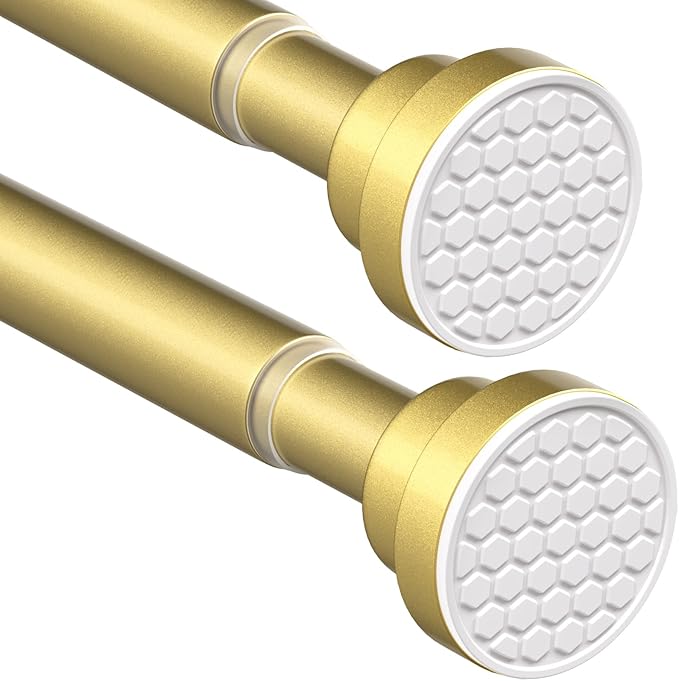 MEXAU 2 Pack Tension Curtain Rod For Window 28-48 Inches Adjustable Expandable Gold Spring Tension Rod Spring Curtain Rods No Drilling Extension Rods Tension Rod for Closet Doorway Kitchen