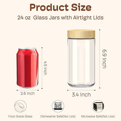 4 pack 24oz Overnight Oats Containers with Bamboo Lids, Glass Jars with Airtight Lids for Meal Prep, Wide Mouth Mason Salad Jars, Glass Food Storage Container for Yogurt Chia Snacks Spice Sugar