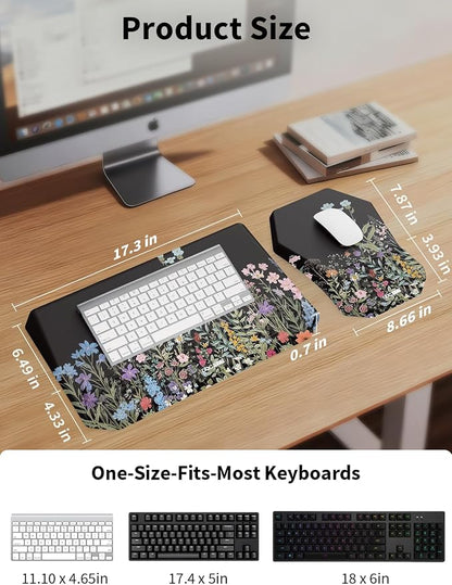 3-in-1 Ergonomic Keyboard Stand with Wrist Rest & Mouse Pad Set, Comfy Keyboard Riser Holder Soft Mousepad with Massage Design, Memory Foam and Non-Slip PU Base for Pain Relief, Flower