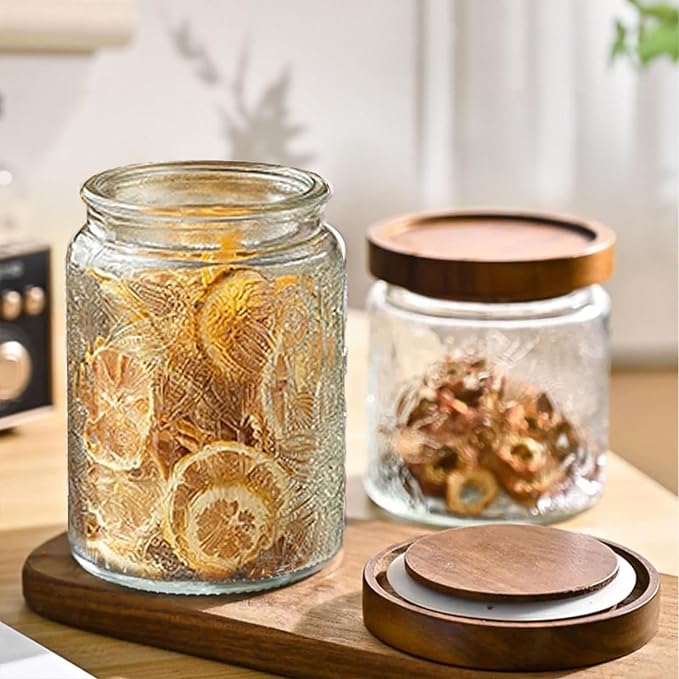 24 OZ Airtight Glass Storage Jar with Bamboo Lid - Vintage Glass Jar Vintage Food Containers Canisters Set for Kitchen Counter & Pantry - Ideal for Sugar, Flour, Coffee, Tea, Candy, Oats, Cereal