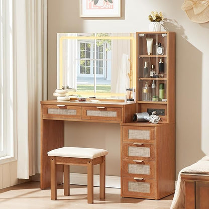 LEYAOYAO Rattan Vanity Desk with Mirror and Lights, 43.5'' Boho Makeup Vanity with 6 Drawers and Adjustable Shelves, Brown Make Up Vanity Dressing Table with Glass Top and Power Outlet for Bedroom