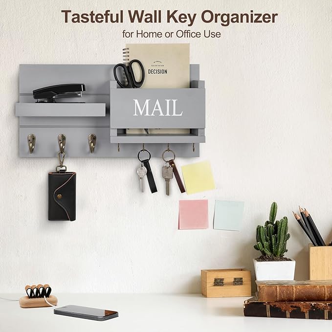 Mail Organizer for Wall Mount – Key Holder with Shelf Includes Letter Holder and Hooks for Hallway Farmhouse Decor – Rustic Wood with Flush Mounting Hardware (16.5” x 9.1” x 3.4”) (Gray)